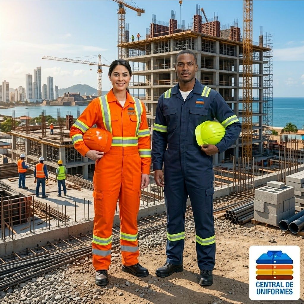 Trabajadores con uniformes industriales de alta visibilidad en obra de construcción en Cartagena