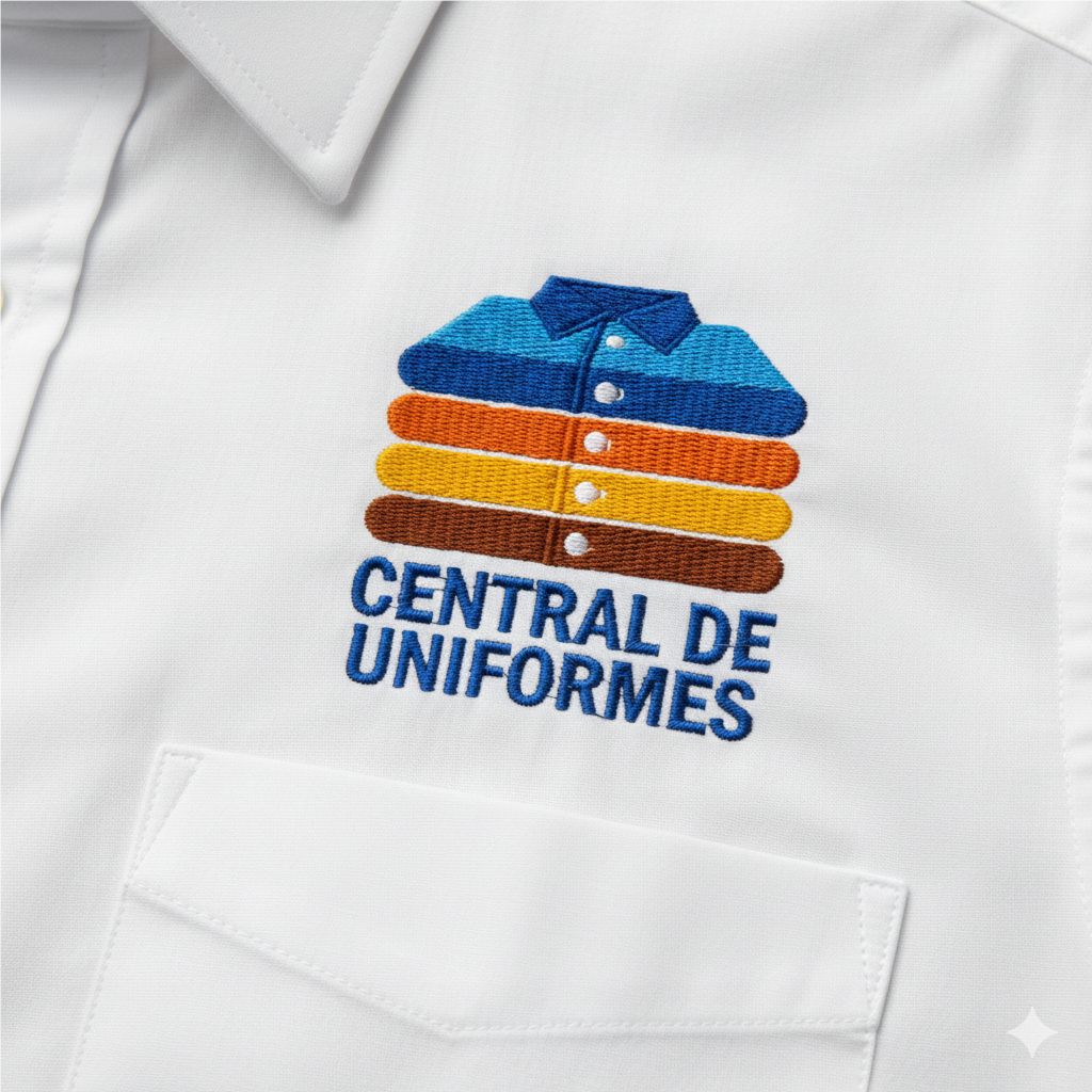 Logo de Central de Uniformes bordado en camisa blanca, técnica de bordado profesional