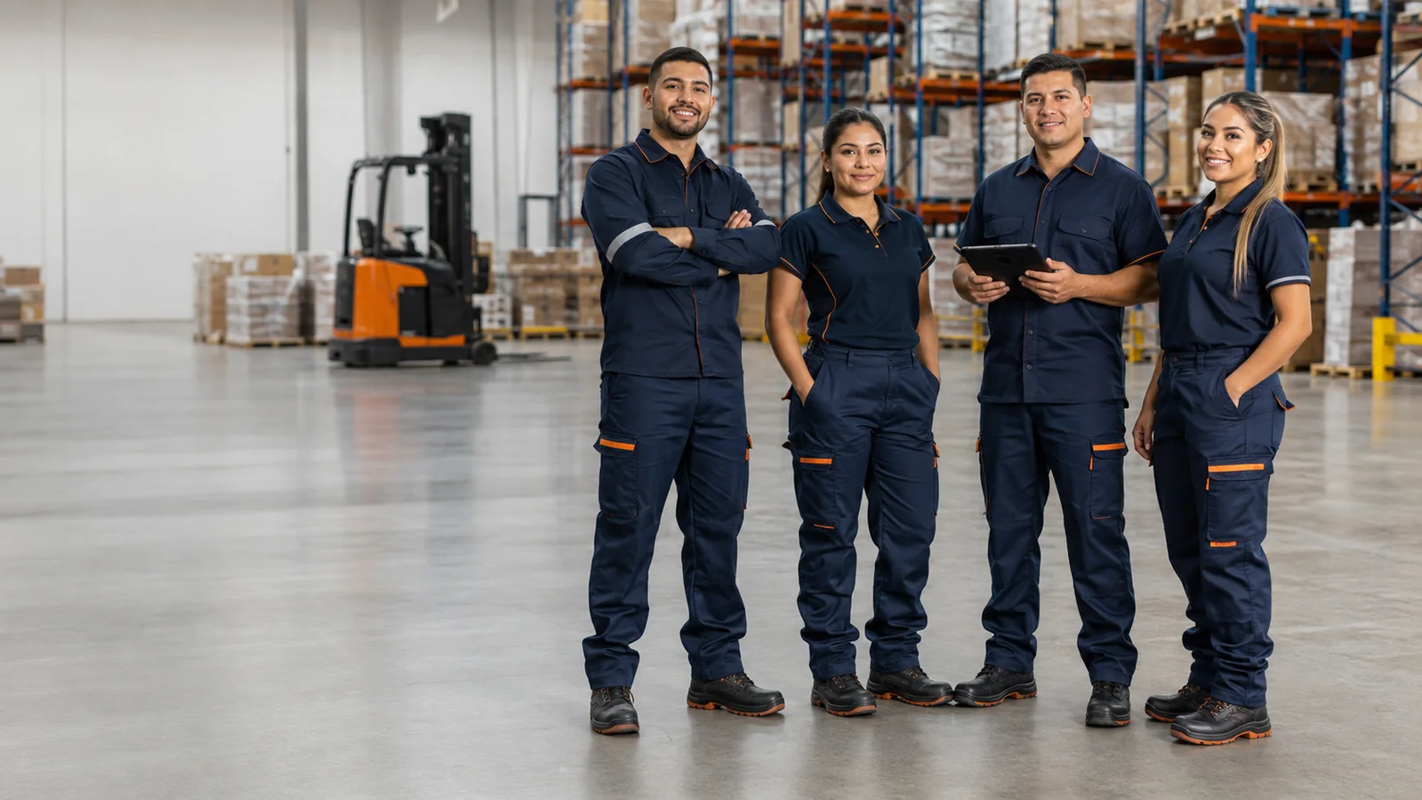 Equipo de bodega con uniformes operativos azul profundo