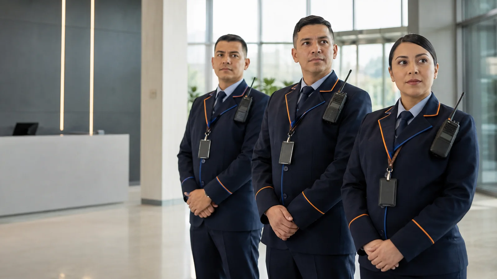 Equipo de vigilancia con uniformes corporativos azul profundo