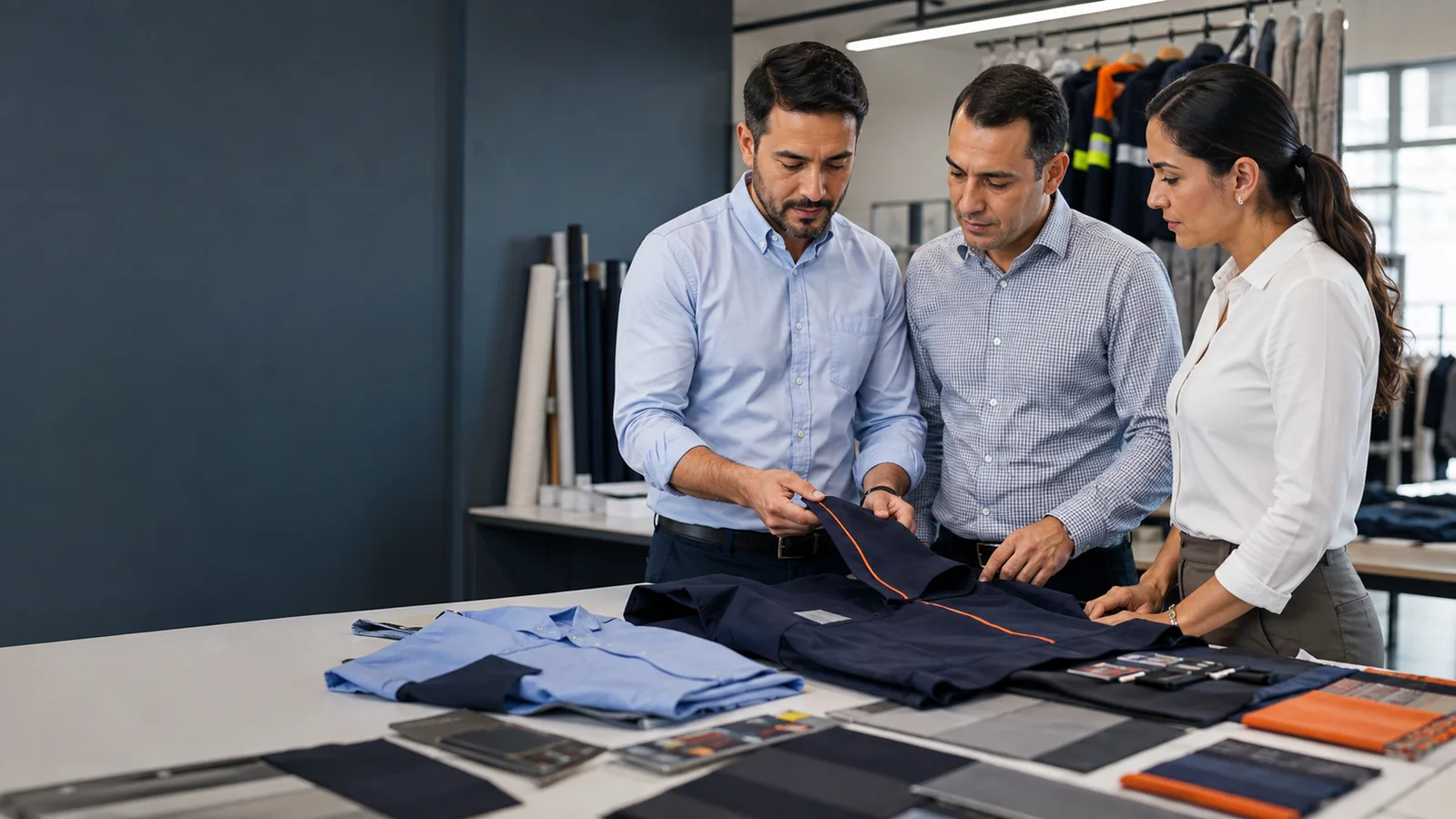 Revisión empresarial de telas y muestras de uniformes