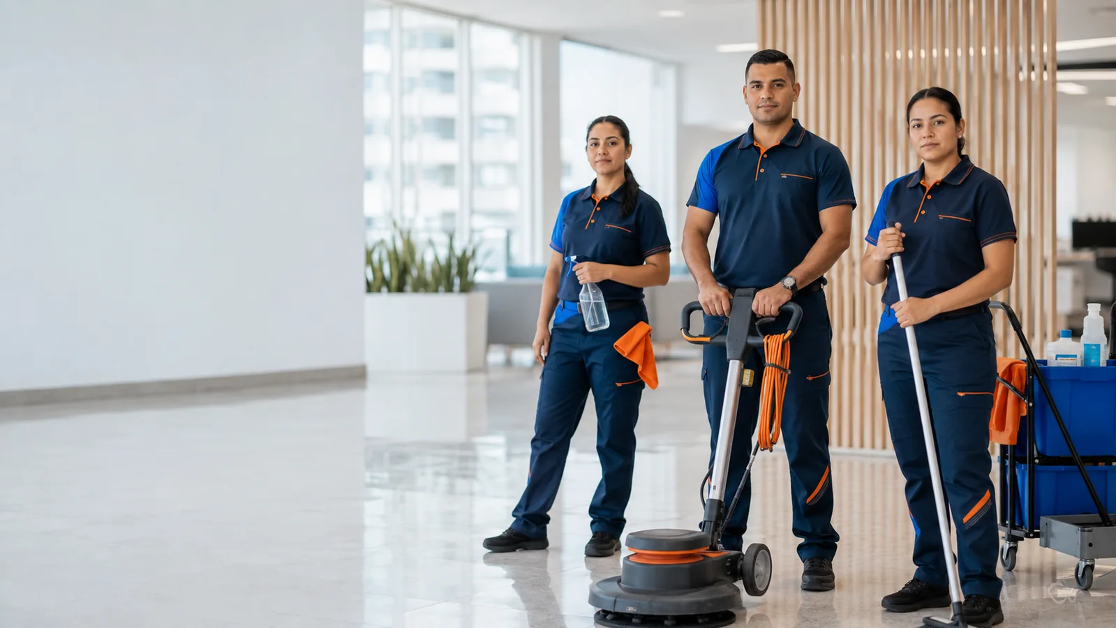 Equipo profesional de aseo con uniformes azul y naranja