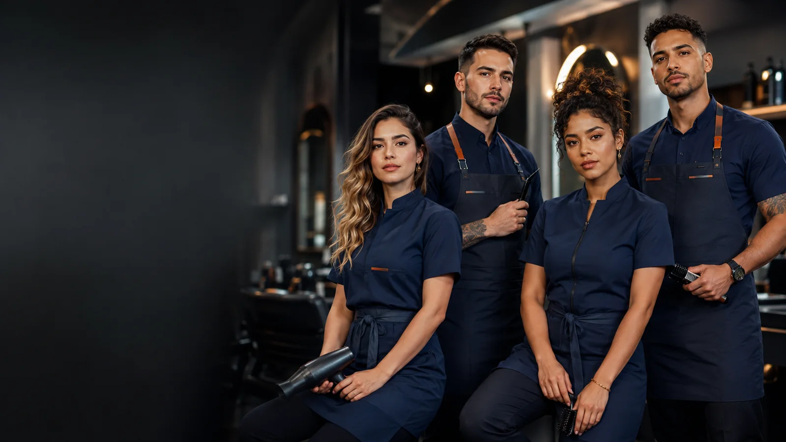 Equipo de barbería y peluquería con uniformes azul profundo