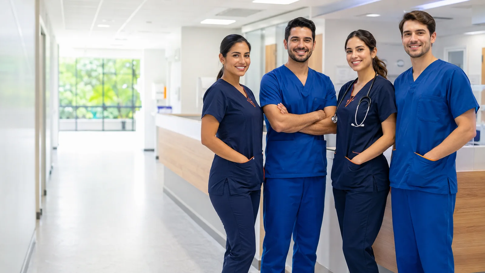 Equipo clínico con uniformes médicos azul profundo