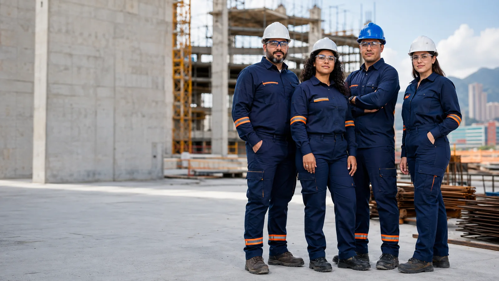 Equipo de construcción con uniformes azul profundo y detalles naranjas