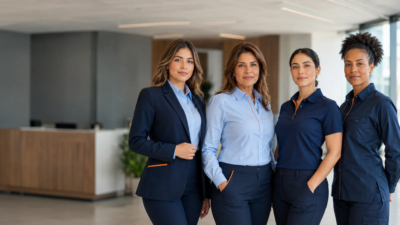 Mujeres con diferentes uniformes empresariales azul profundo