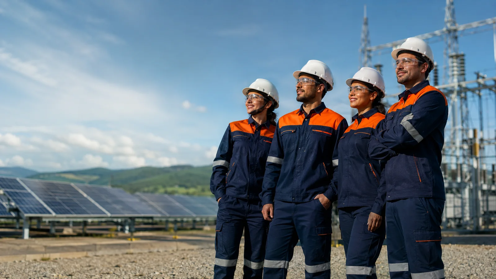 Equipo del sector energía con uniformes operativos azul y naranja