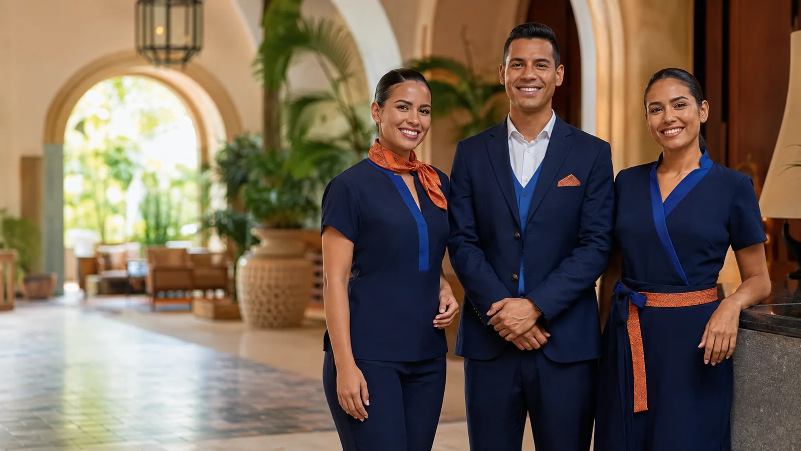 Equipo de hotel boutique con uniformes elegantes azul y naranja