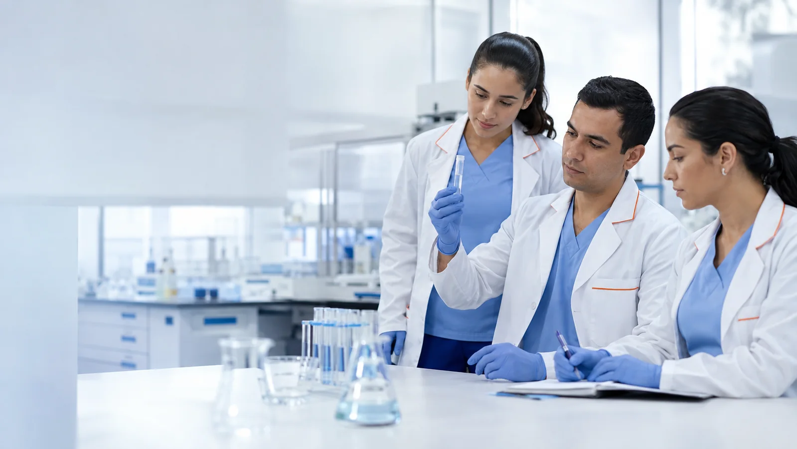 Profesionales de laboratorio con batas y uniformes coordinados