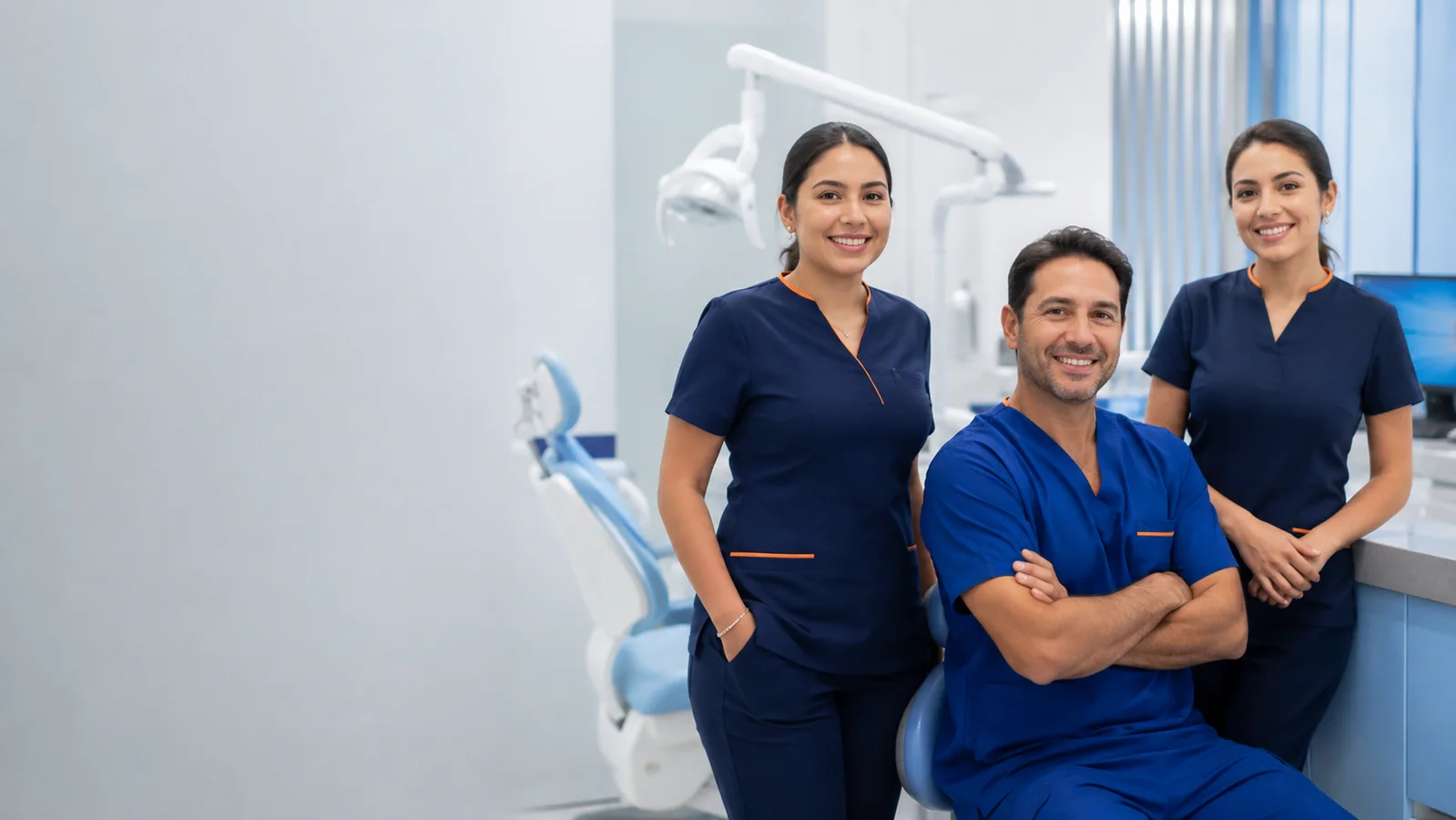 Equipo odontológico con uniformes azul profundo y detalles naranjas