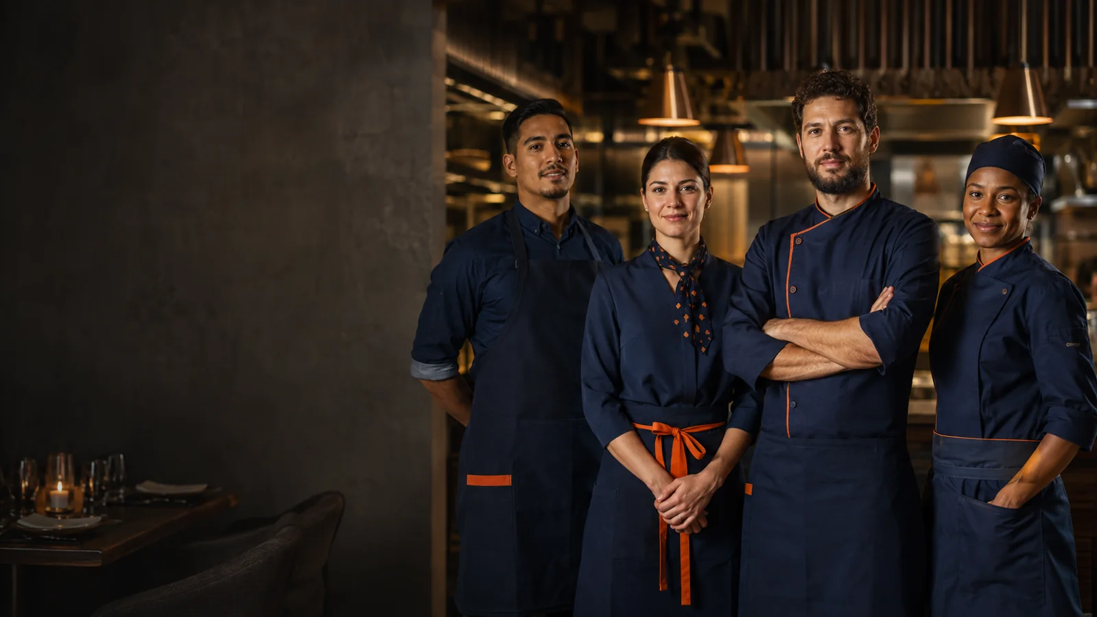Equipo de restaurante con uniformes azul profundo y delantales
