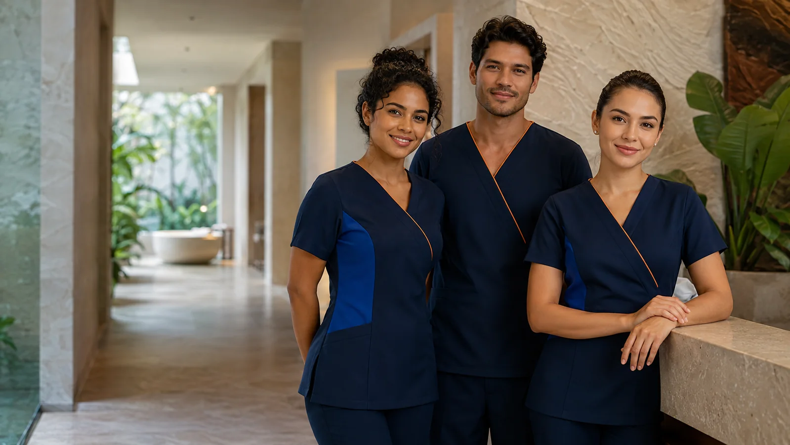 Equipo de spa con túnicas profesionales azul profundo