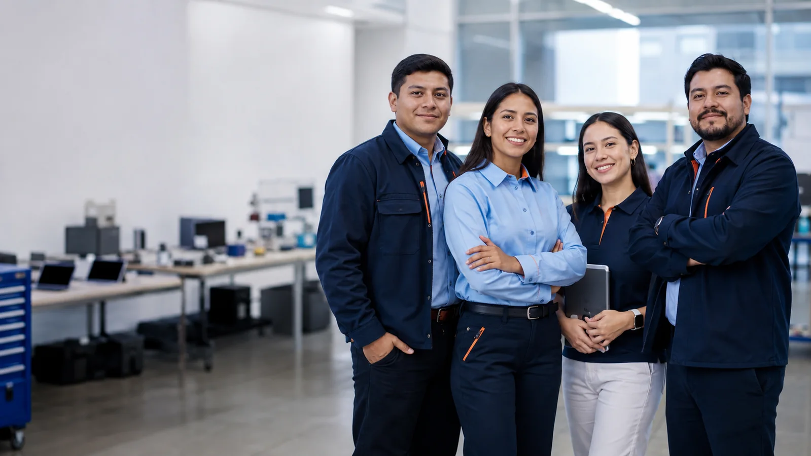 Equipo de tecnología con uniformes corporativos azul y naranja