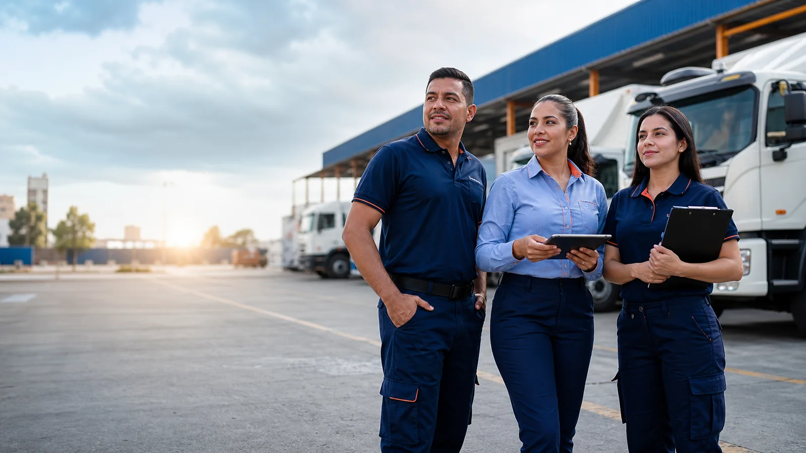 Equipo de transporte y logística con uniformes corporativos
